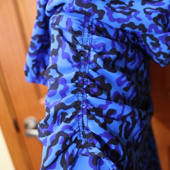 Vintage Royal Blue Black Floral Print Long Sleeve Knee Length Dress 1980s USA - Picture 12 of 15